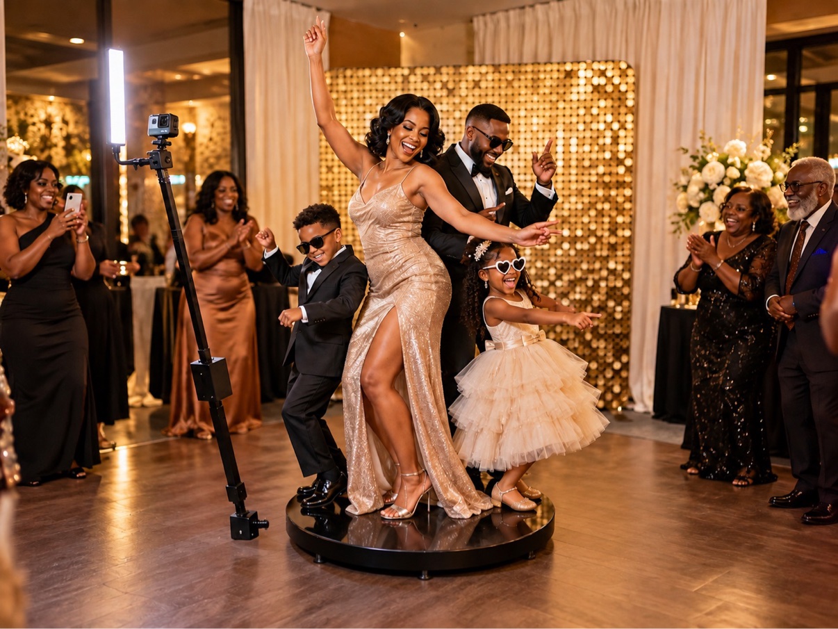 Family celebrating on the Epic Entertainment & Media 360 video booth platform
