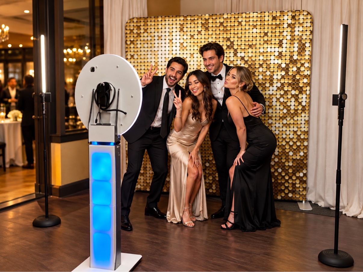 Guests posing at the Epic Entertainment & Media photo booth in front of a gold sequin backdrop