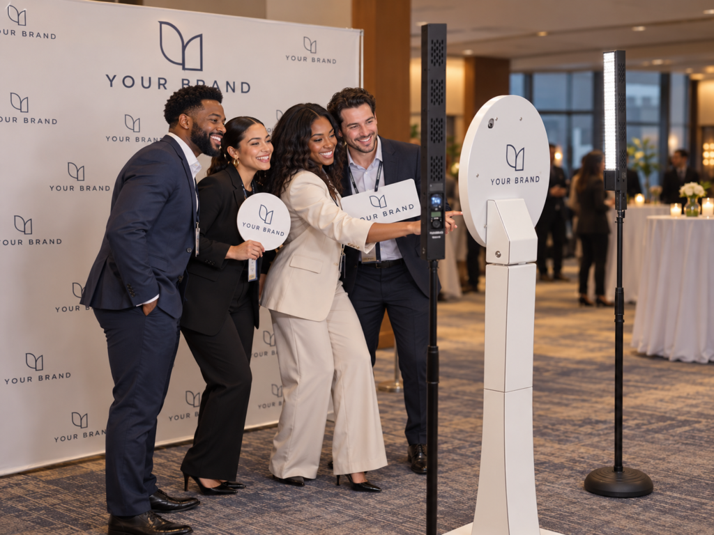 Guests at a branded photo booth in front of a YOUR BRAND step-and-repeat wall